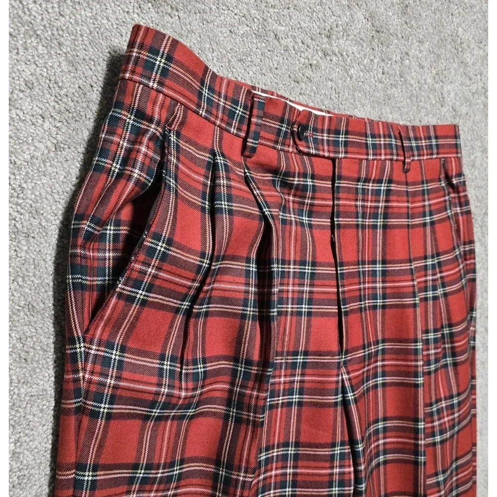 Paul Fredrick Vintage Red Tartan Plaid Wool Pants 35x32 Pleated Cuffed 80s
